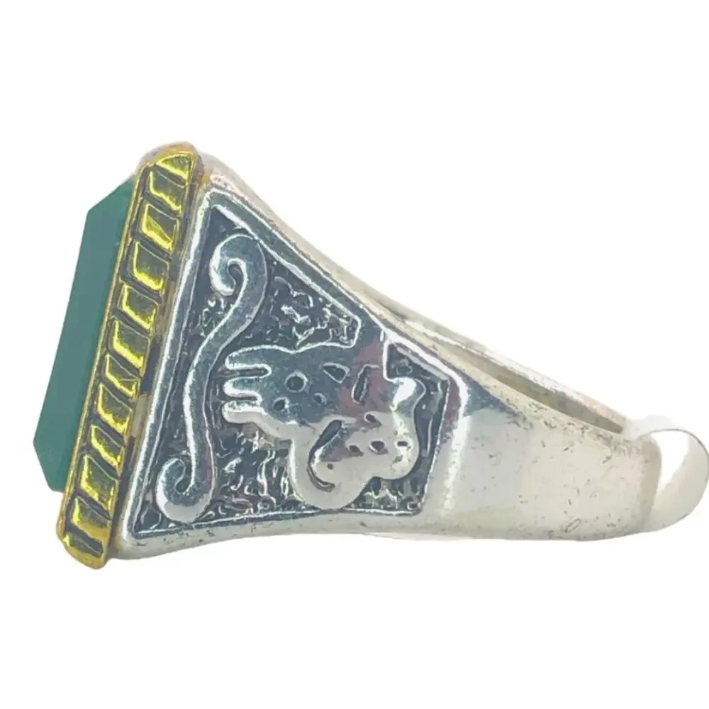 Silver and Gold Boho Ring with Green Stone - Size 8.5